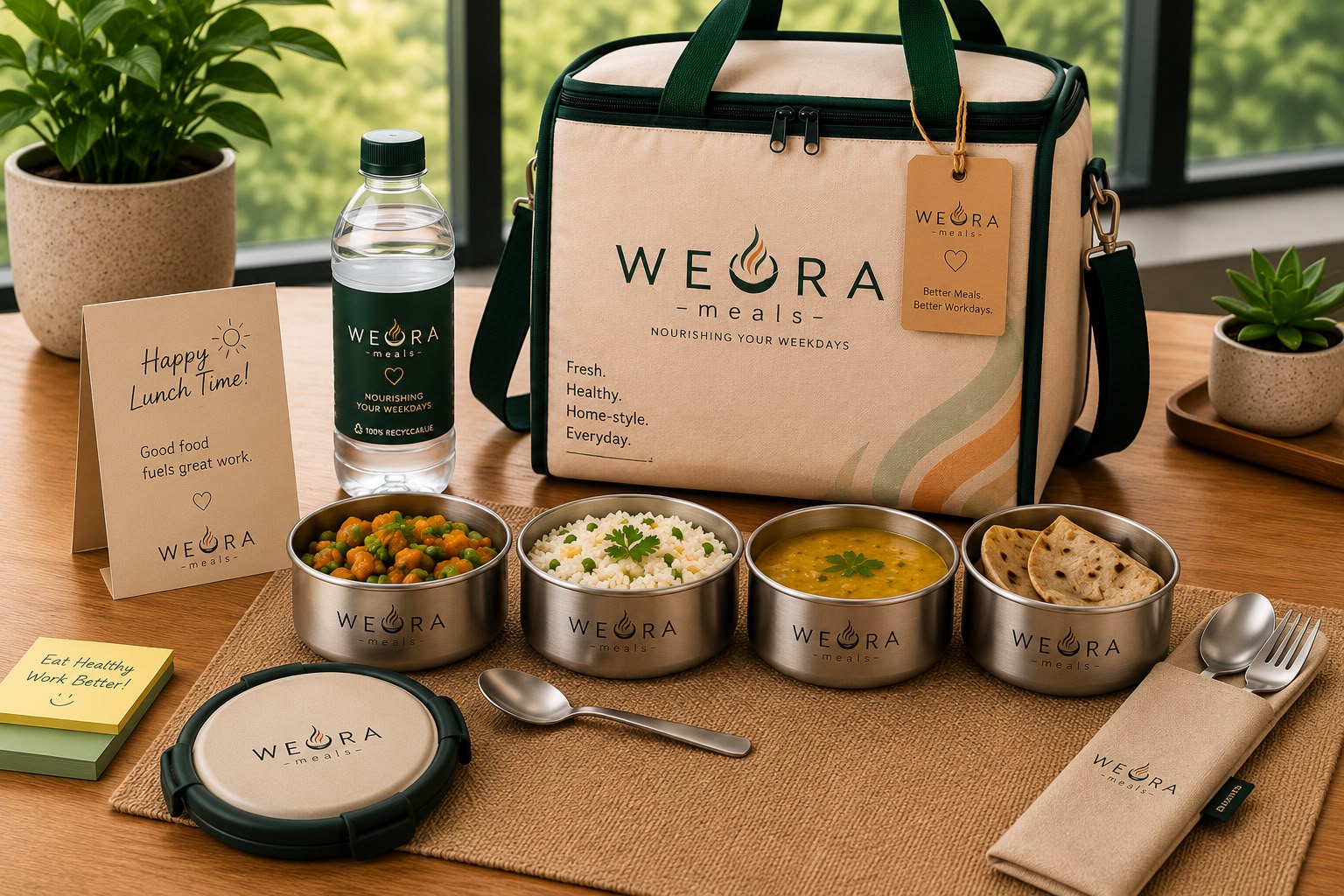 Weora Meals insulated lunch bag, stainless steel tiffin and matte bottle on a warm wooden table